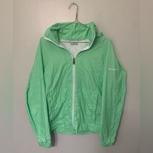 Columbia — women’s light green hooded rain jacket